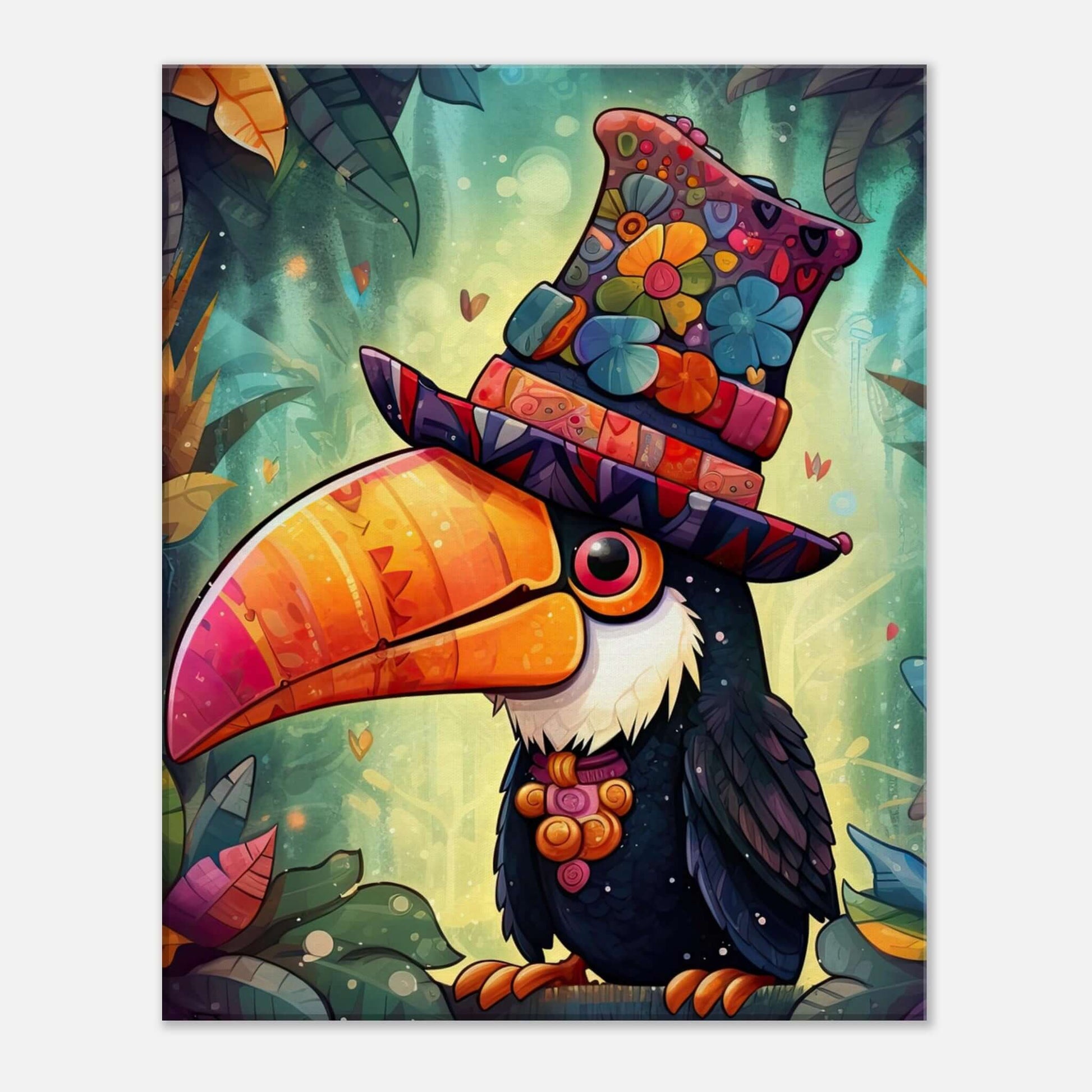 Animal artwork Top Hat Toucan Canvas. Front